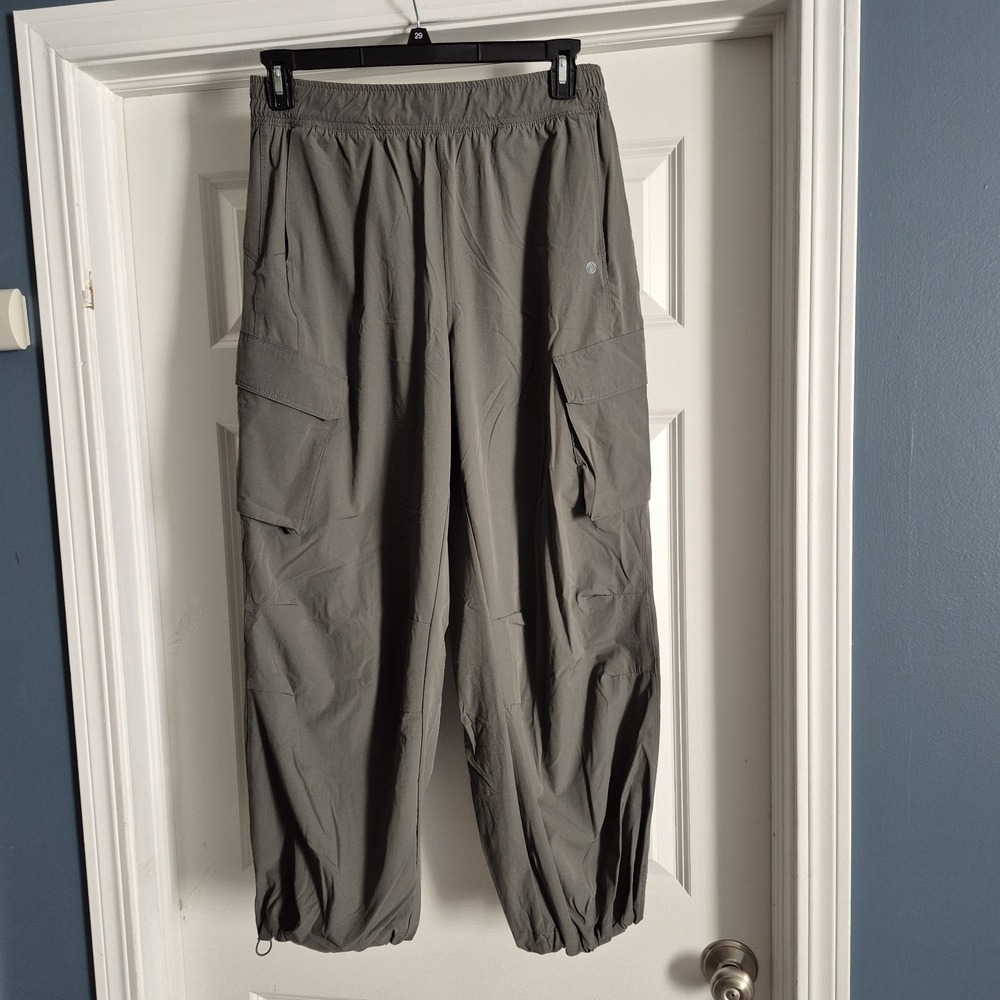 Apana Pants Womens Large Green Gray Cargo Wide Leg Baggy Parachute Stretch - Picture 1 of 11